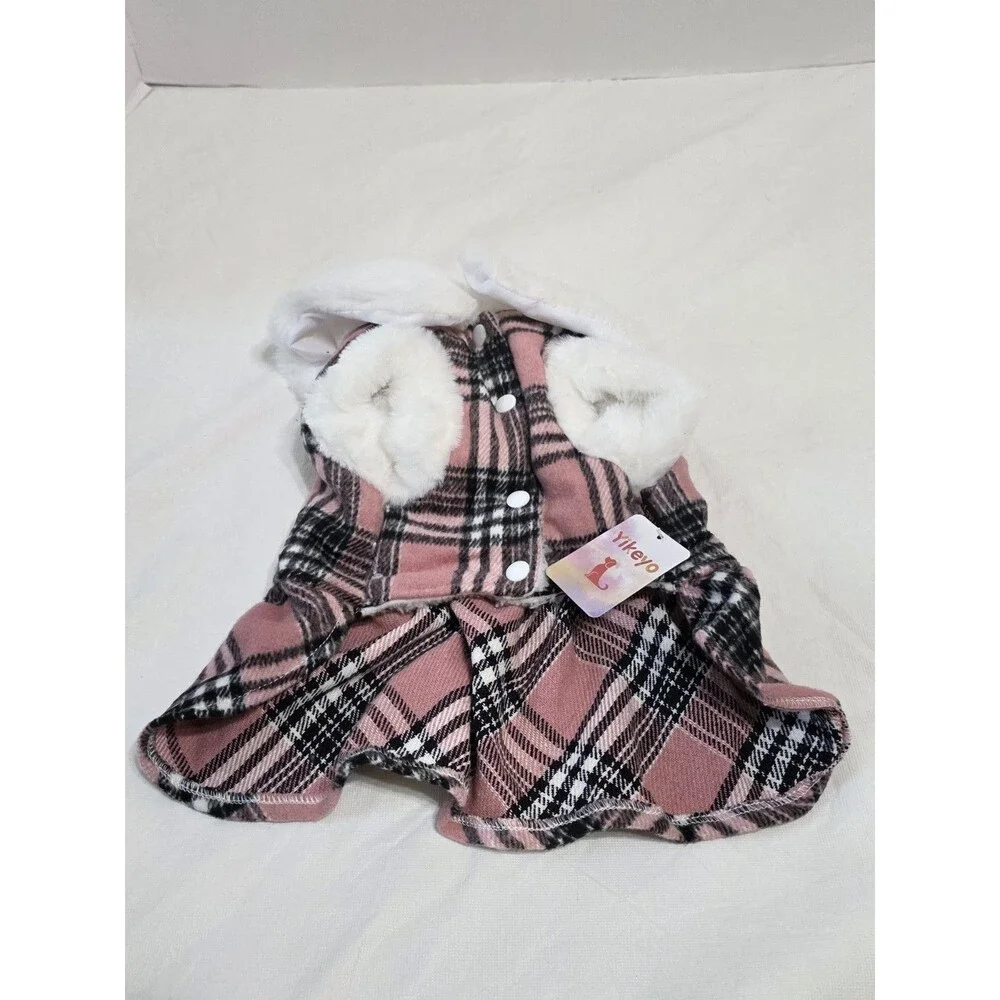 NWT YikeYo Pink and Black Plaid Dog Coat and Leash Size Small